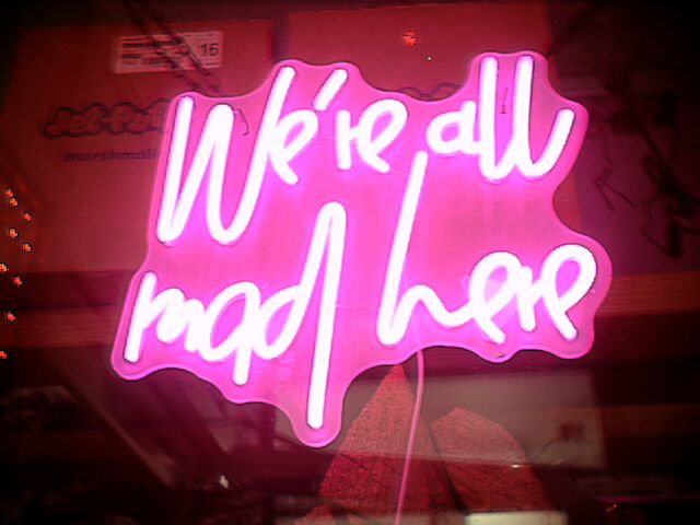 A pink neon EL-wire sign in a shop window stating 